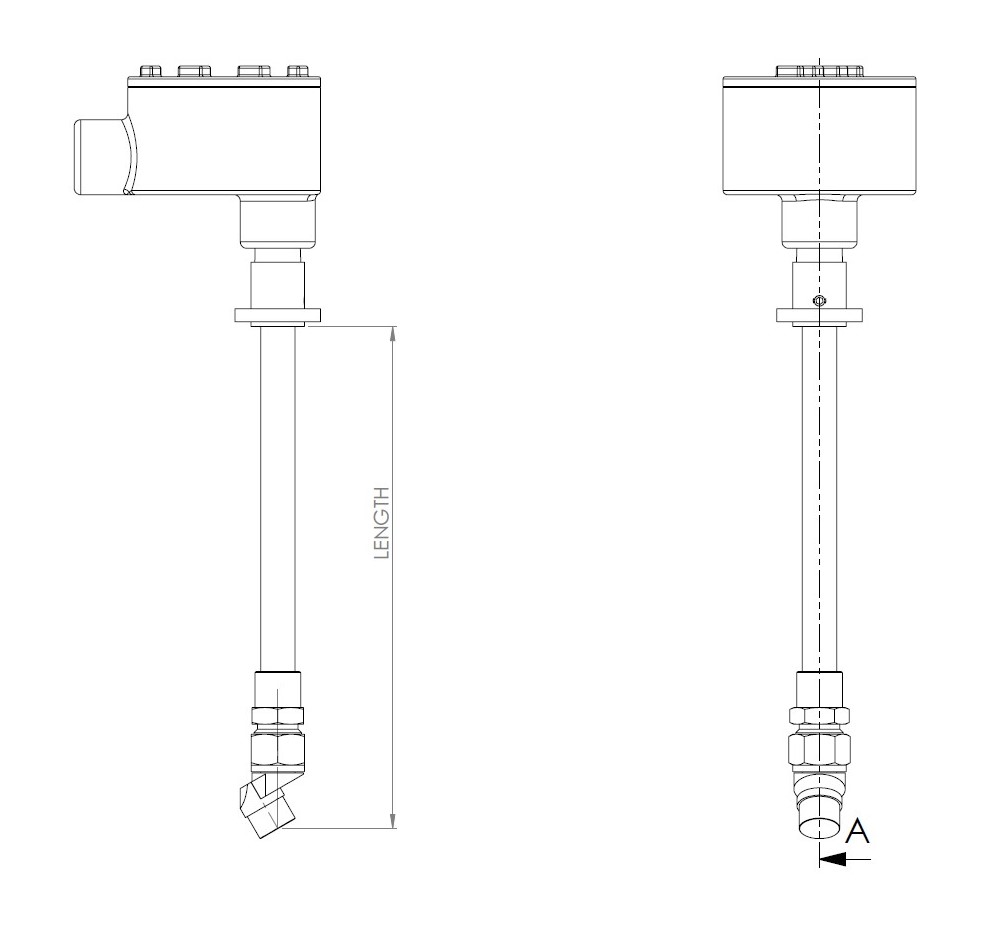 De montagewijze van de insteek ultrasoon transducers, ATEX approved.